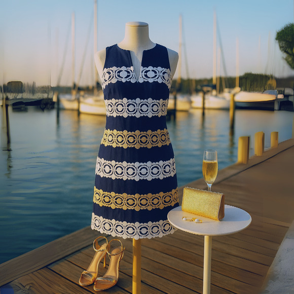 🌸 Lilly Pulitzer Augusta Shift Dress Navy Blue White Gold Lace Trim – Size 0 XS - Picture 1 of 9